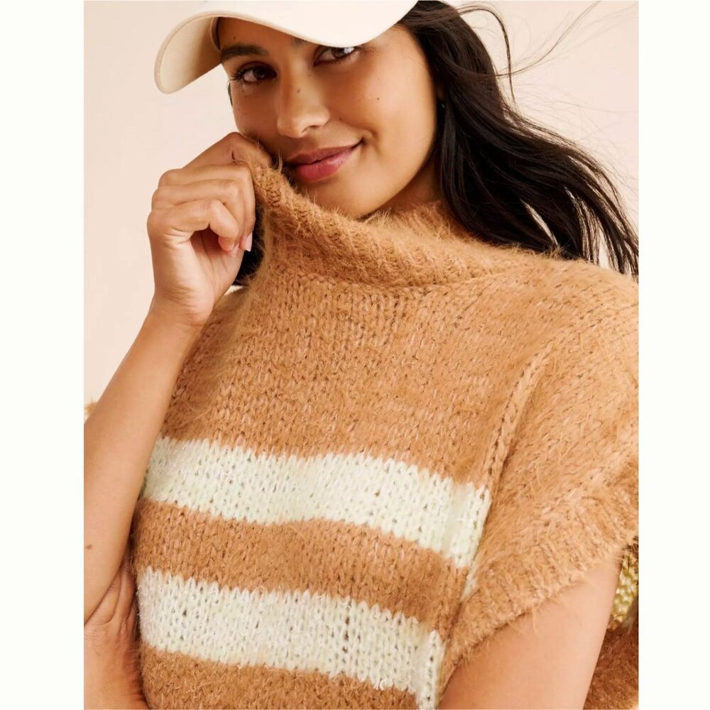 Anthropologie Pilcro Mock Neck Short Sleeve Tan Stripe Sweater S - Picture 2 of 7